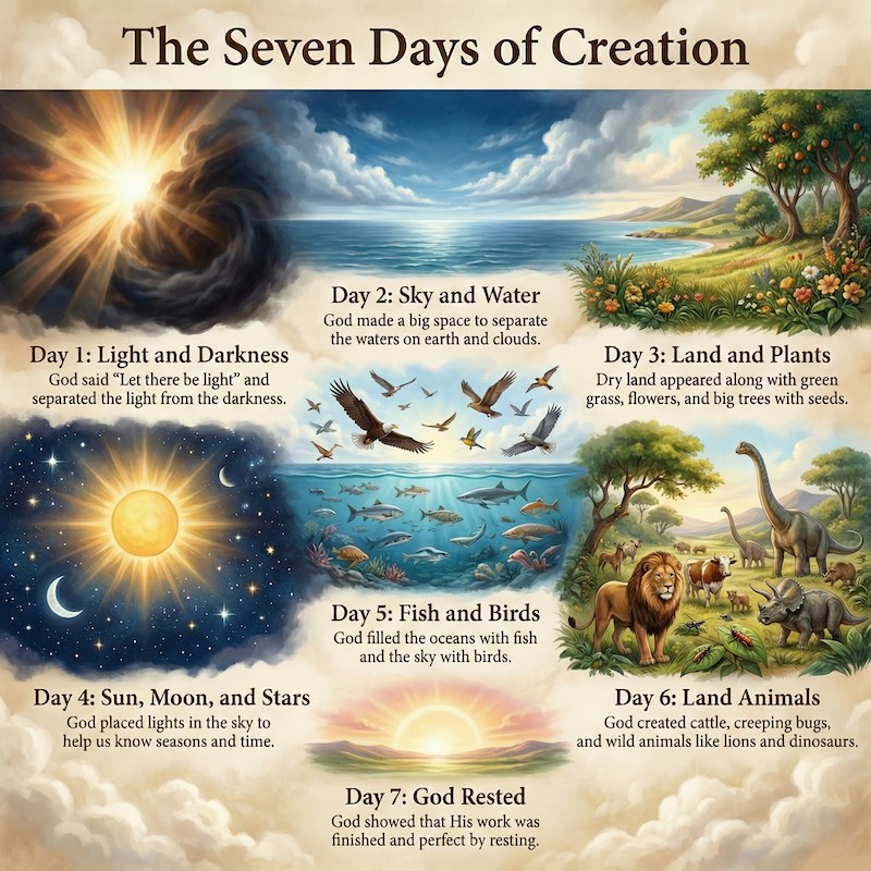 Free printable Sunday school lesson infographic showing the 7 days of creation from Genesis 1 for kids Bible study.