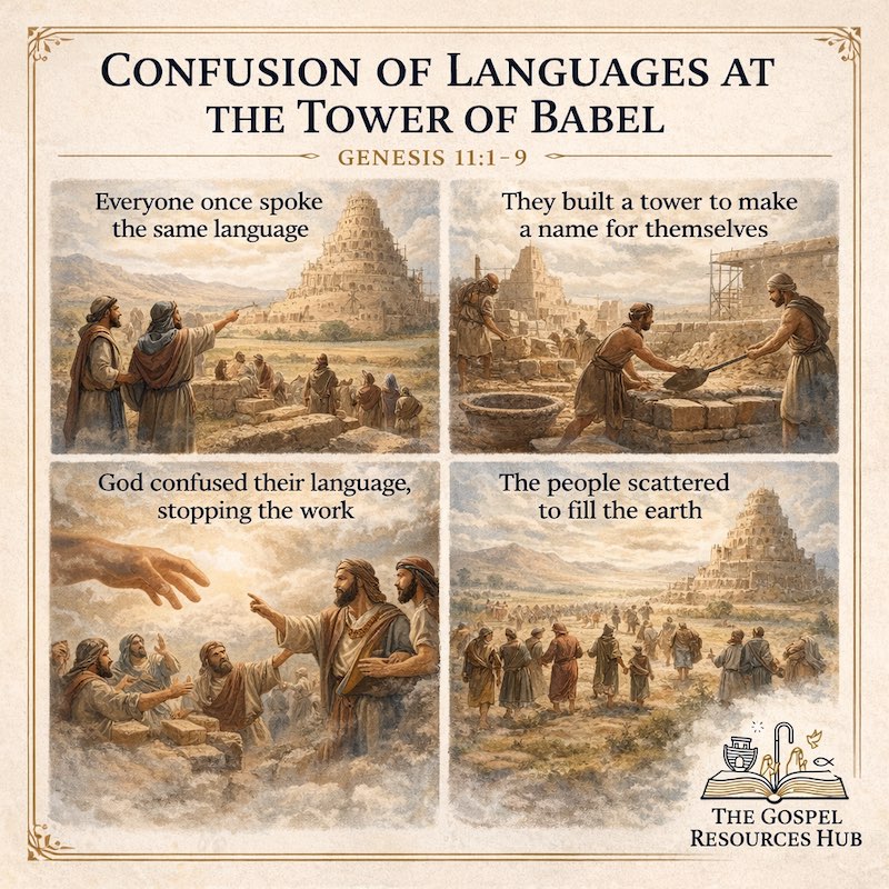 Free Tower of Babel Sunday School lesson infographic for kids showing the confusion of languages in Genesis 11 and how Jesus unites the nations.