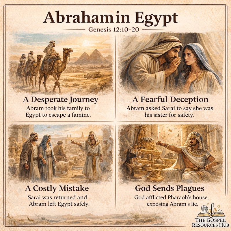 Abraham and Sarah in Egypt Sunday school infographic: A visual representation of Abram's fear versus God's faithfulness in Genesis 12, featuring Egyptian symbols and the theme of trusting God's protection.