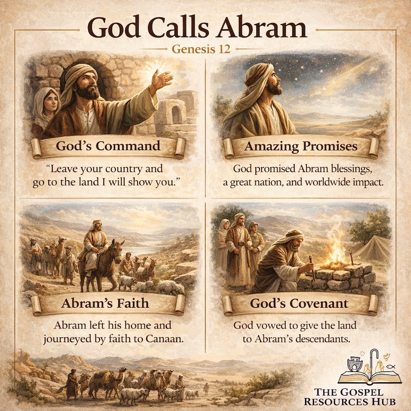 Sunday school lesson infographic showing Abram's journey from Ur to Canaan and God's covenant promises in Genesis 12
