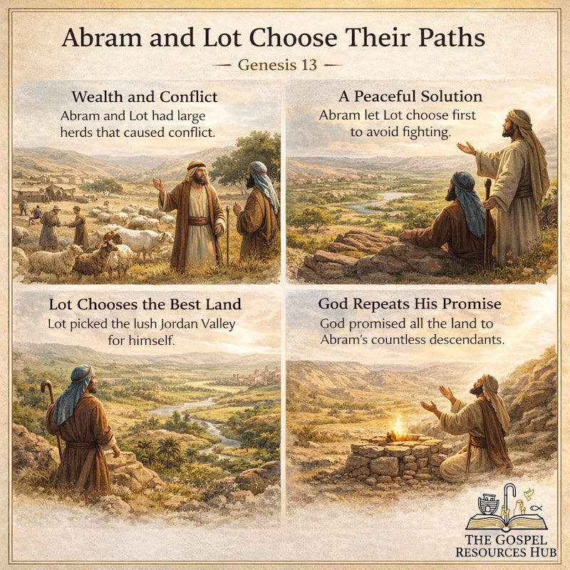 Bible story infographic for kids showing Abram and Lot separating and choosing different paths in Genesis 13