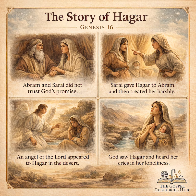 Bible story for kids 800x800 illustration of Hagar and the Angel of the Lord in the desert with El Roi the God who sees me lesson theme