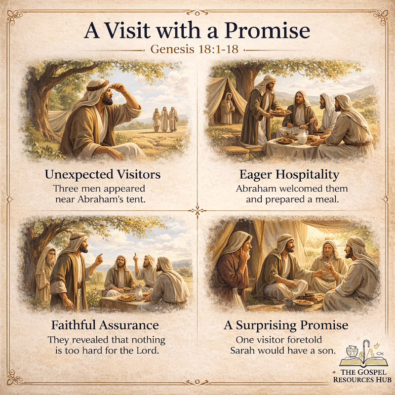 Bible story for kids illustration of Abraham welcoming the three visitors near his tent and Sarah listening from inside in Genesis 18