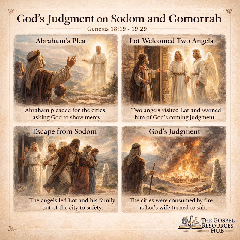 Free printable Sunday school lesson illustration of Genesis 19: God's judgment on Sodom and Gomorrah and the rescue of Lot.