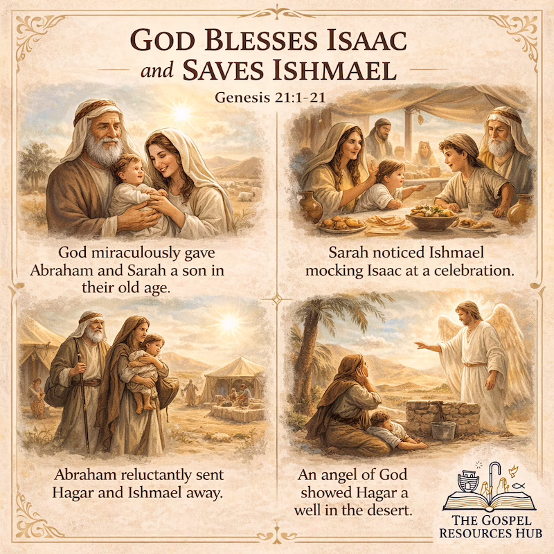 Free printable Genesis 21 Sunday School lesson illustration showing Isaac's birth and God's provision for Hagar and Ishmael in the desert of Beersheba.