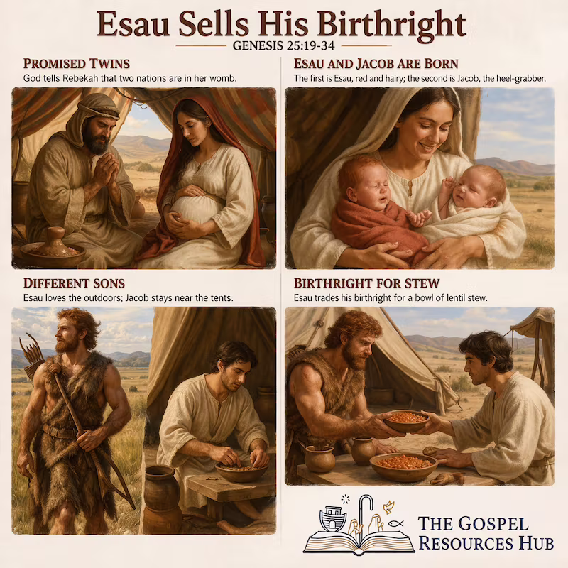 Genesis 25 Sunday School lesson activity showing Esau's bowl of red lentil stew versus the eternal birthright promise of God. Includes free printable Bible story summary for kids.
