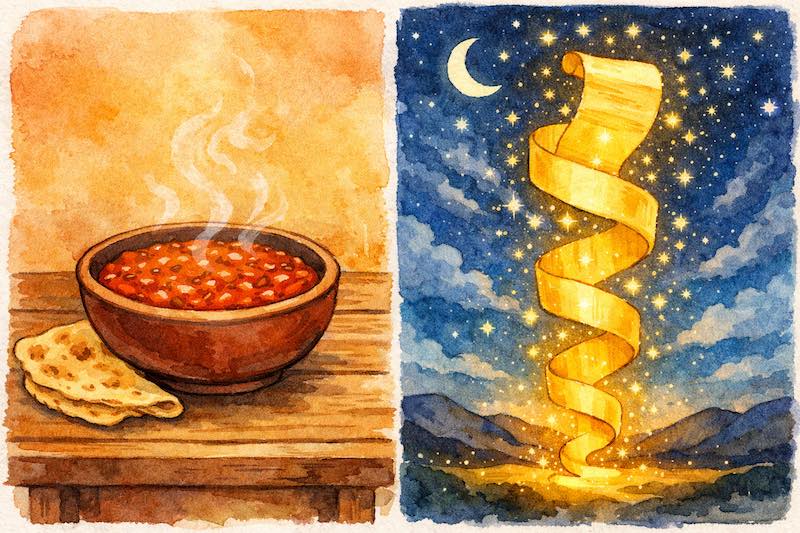 Free printable Sunday school lesson infographic for Genesis 25 showing the contrast between Esau's bowl of stew and God's eternal birthright promise.
