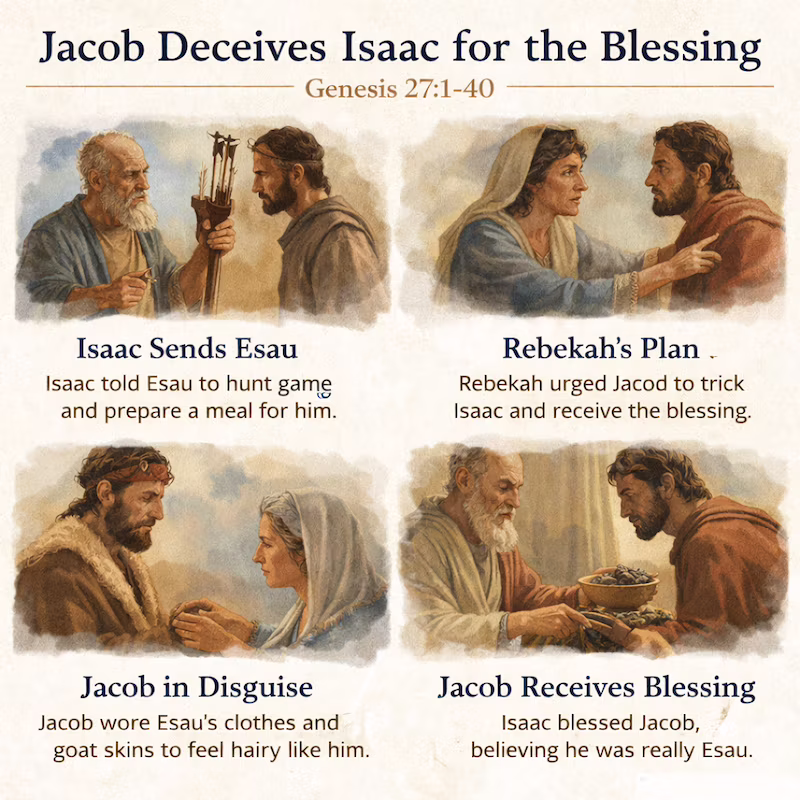Genesis 27 Sunday School lesson infographic of Jacob deceiving Isaac with goat skins on his hands. Includes free printable Bible story summary for kids about the stolen blessing.