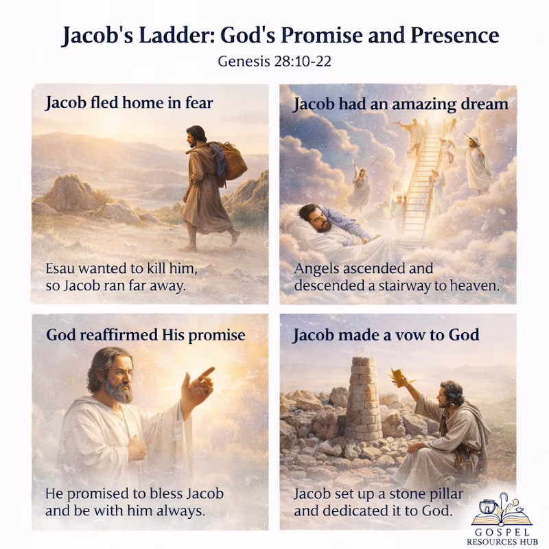 Genesis 28 Sunday School lesson infographic of Jacob's Ladder with angels ascending and descending to heaven. Includes free printable Bible story summary and teacher resources for kids.