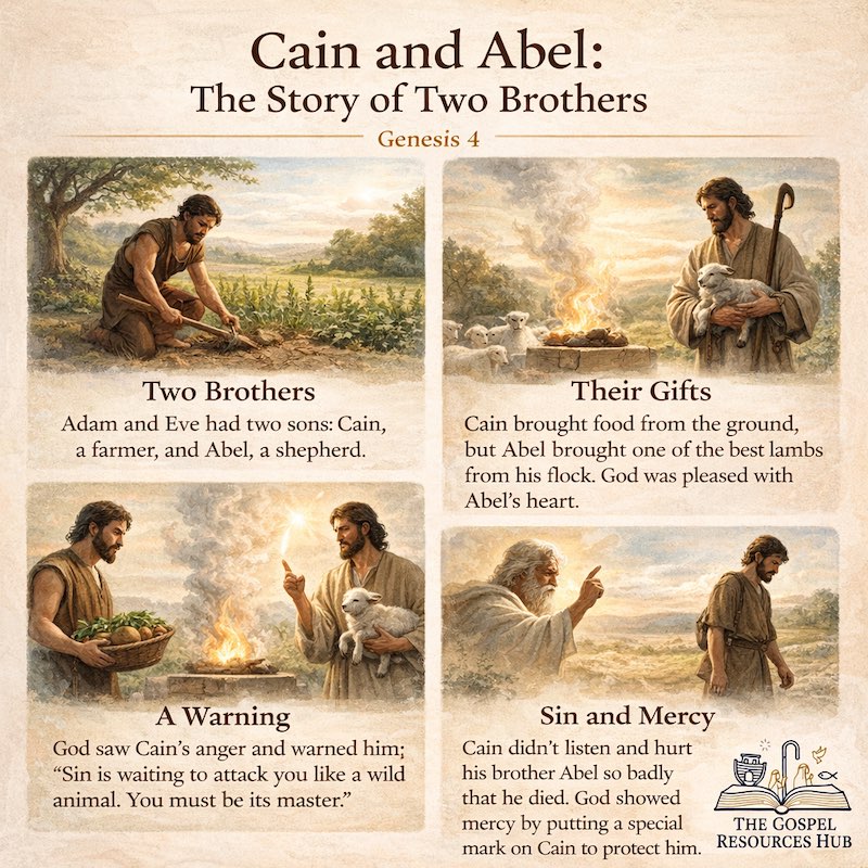 Genesis 4 Bible lesson for kids: Cain and Abel presenting their offerings of grain and a lamb to God