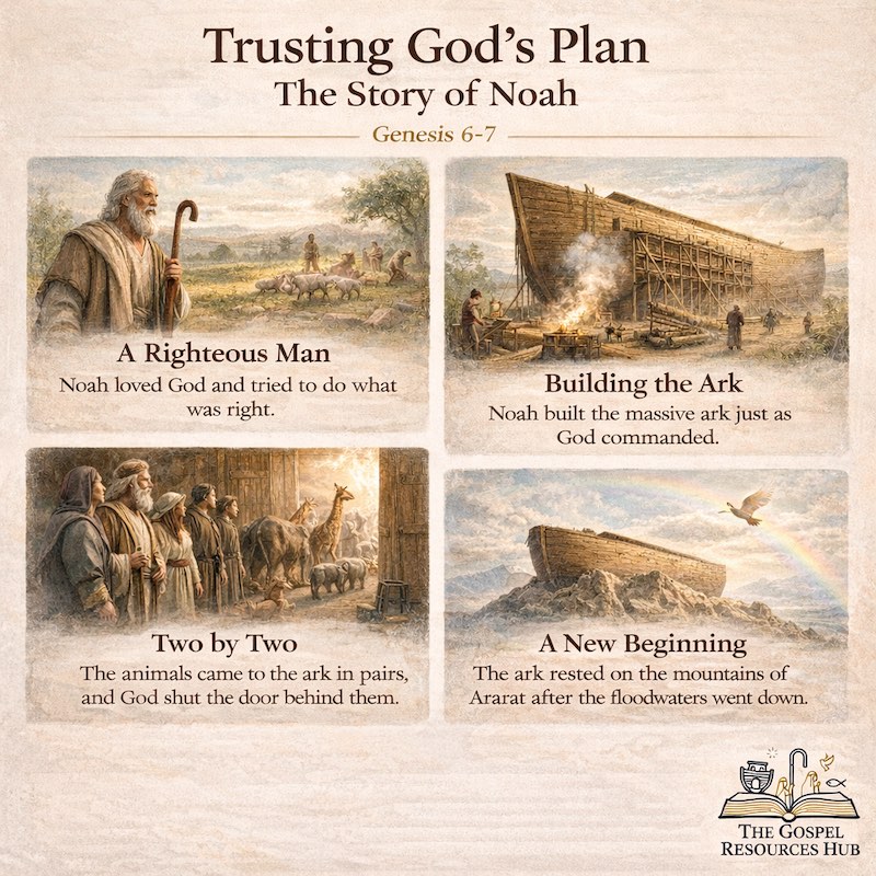 Noah's Ark Bible lesson for kids from Genesis 6–7 showing Noah, the ark, and animals entering two by two, teaching obedience and trusting God's plan