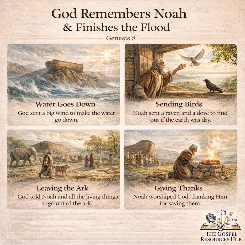 Genesis 8 Sunday School infographic: Noah's Ark on Mount Ararat, the dove returning with an olive leaf, and how God remembers His promises.