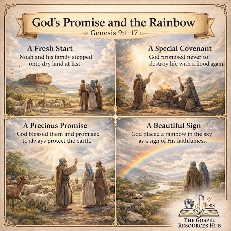 Genesis 9 Sunday School infographic: A vibrant rainbow over the earth representing God's covenant with Noah and His faithfulness to keep every promise.