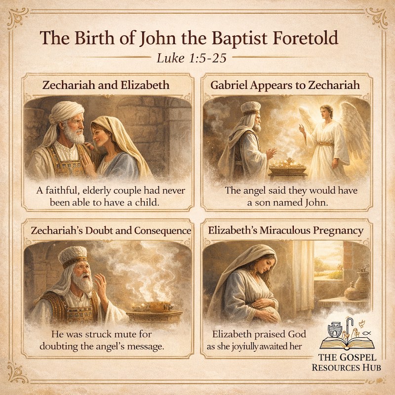 Luke 1:5-25 Sunday school lesson infographic showing the Angel Gabriel announcing the birth of John the Baptist to Zechariah in the Temple.
