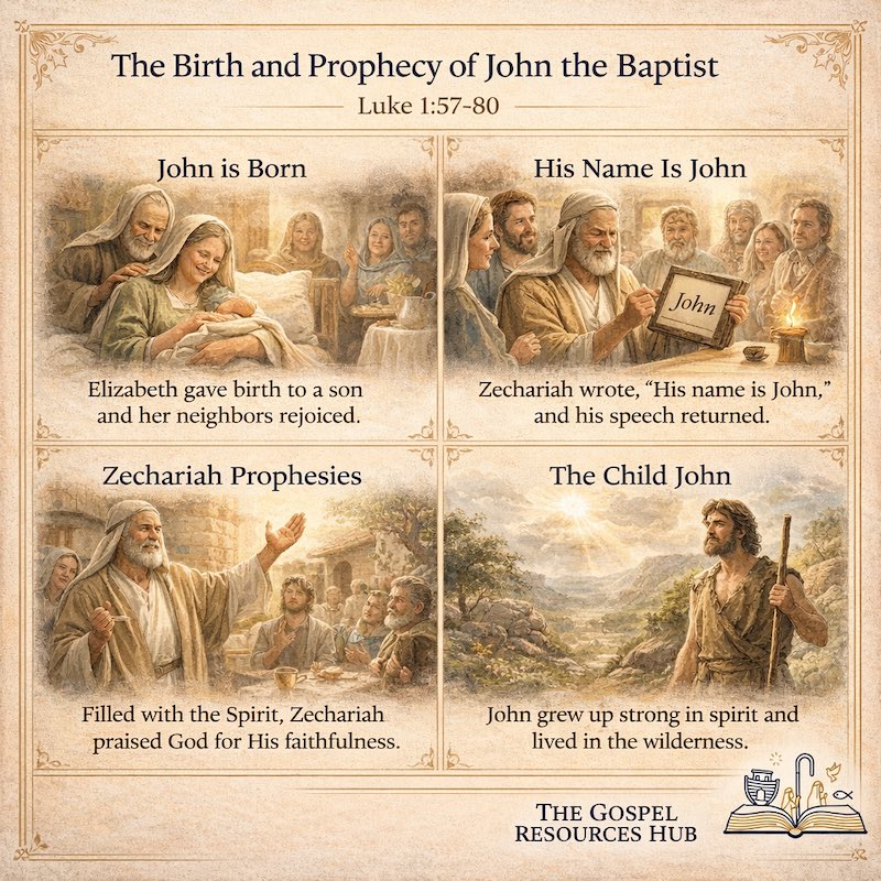 Luke 1:57-80 Sunday school lesson infographic showing the birth of John the Baptist and Zechariah writing on a tablet.