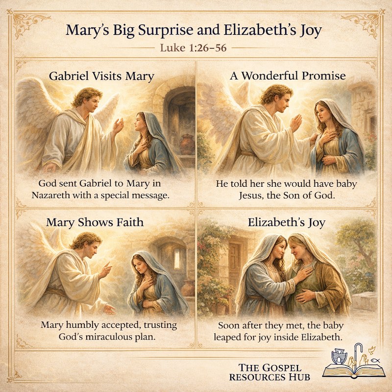 Luke 1:26-56 Sunday school lesson infographic showing the Angel Gabriel visiting Mary and Mary meeting Elizabeth.