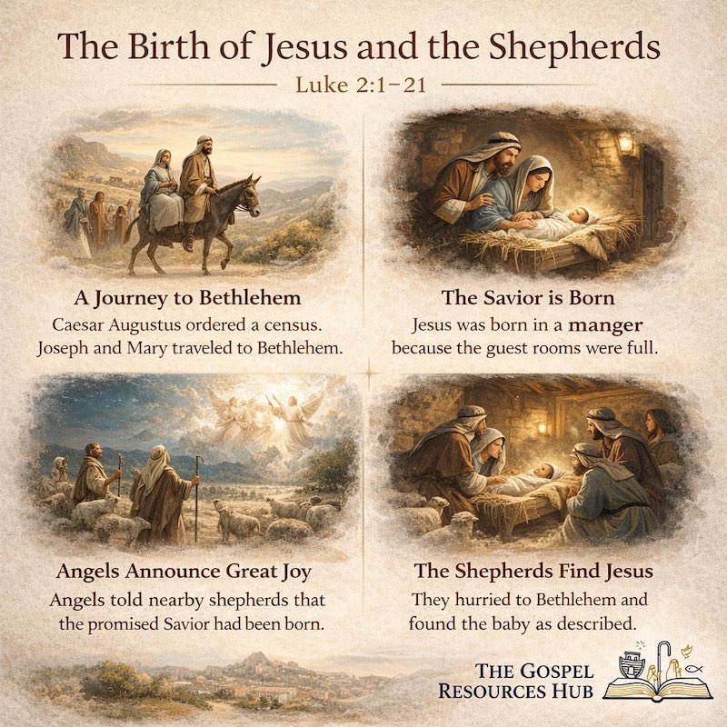 Luke 2:1-21 Sunday school lesson infographic showing baby Jesus in a manger with Mary, Joseph, and the shepherds in Bethlehem.