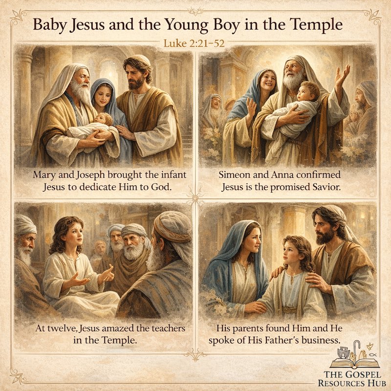 Luke 2:21-52 Sunday school lesson infographic showing Baby Jesus dedicated at the Temple and the boy Jesus teaching at age twelve.