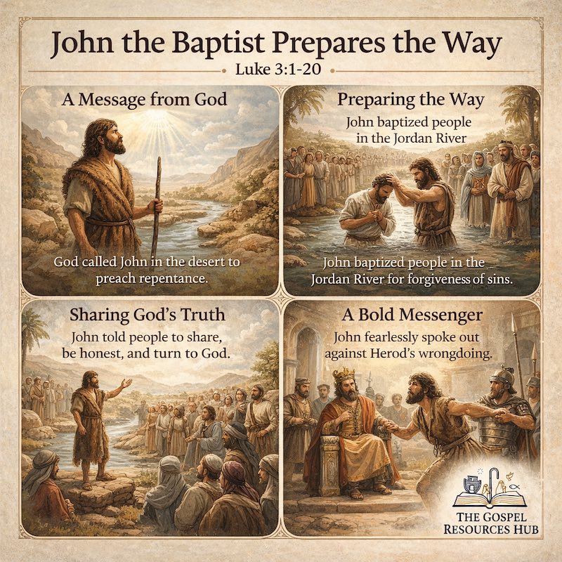 Luke 3 Sunday school lesson infographic: John the Baptist preaching repentance at the Jordan River to prepare the way for Jesus.