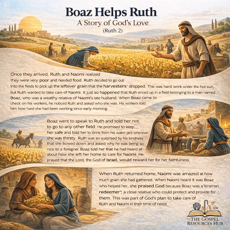Ruth Gleaning in the Field: Free Ruth 2 Sunday School Lesson Infographic for Kids showing Boaz's kindness