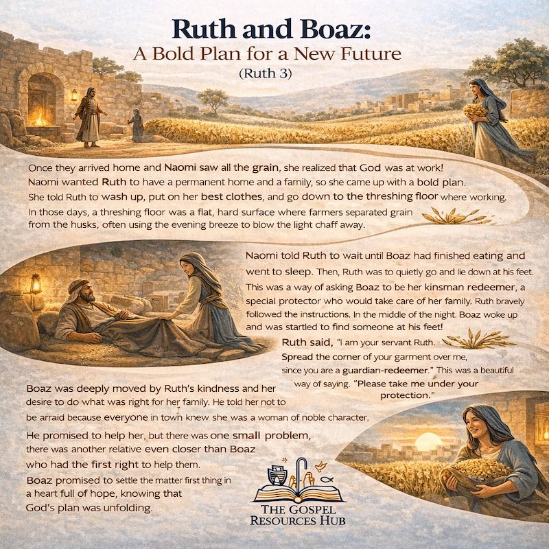 Ruth and Boaz at the Threshing Floor: Free Ruth 3 Sunday School Lesson Infographic for Kids