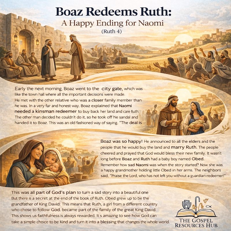 Sunday School lesson illustration of Boaz and Ruth at the city gate with the elders, celebrating God's faithfulness.